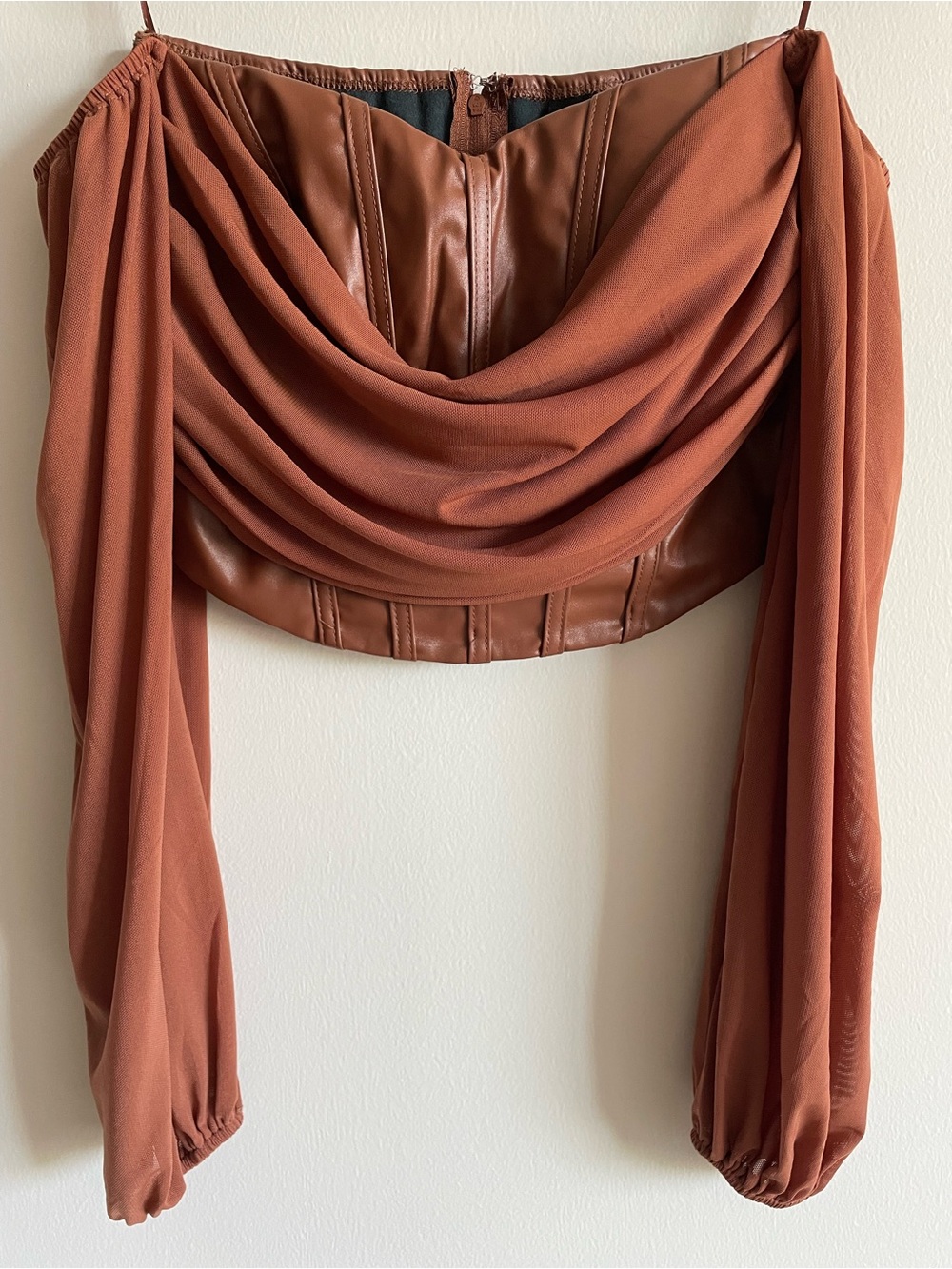 Ren Faire brown leather corset mesh off the shoulder sleeve crop top cosplay S